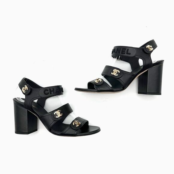 CHANEL 2021 Turnlock Black Slingback Heels Size 39 Interlocking CC Logo Sandals - Picture 7 of 14